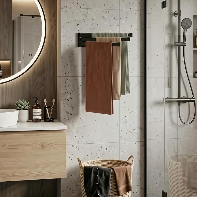 Swing Towel Holder Rack Matte Black | Wall Mounted Towel Bar, Swivel with 3-Arm for Bathroom Kitchen Storage