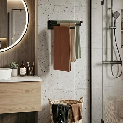 Swing Towel Holder Rack Matte Black | Wall Mounted Towel Bar, Swivel with 3-Arm for Bathroom Kitchen Storage