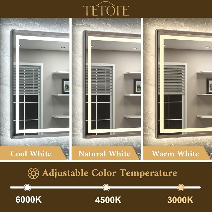 40 x 32 Led Mirror Brushed Gunmetal Gray/Off‑Black Metal Frame Frontlit & Backlit Vanity Mirror Anti-Fog Stepless Dimmable 3 Colors White/Warm/Natural Wall Mirror with Lights Wall-Mounted