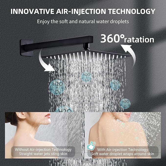 Shower Faucet Set Complete, Shower System Black with 12 inch Square Rainfall Shower Head 3-Function Handheld Shower Waterfall Bathtub Spout Rain Shower Combo Bathroom Wall Mounted fit All Valve Types