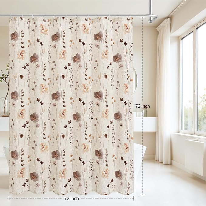 Brown Linen Watercolor Floral Fabric Shower Curtain, 72x72 | Linen Fabric, Modern Minimalist Floral Print, Machine Washable, Rustproof Grommets, for Bathroom Home