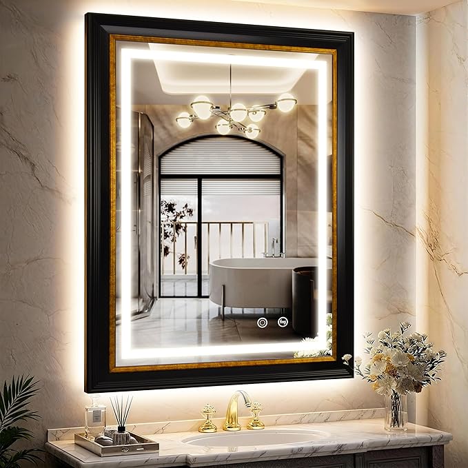 ROLOVE 23x33 Inch Lighted Baroque Bathroom Mirror, Antique Black and Gold | Anti-Fog, Waterproof Frame and Shatterproof Glass, Vintage Wall Mirror for Bathroom, Entryway and Powder Room