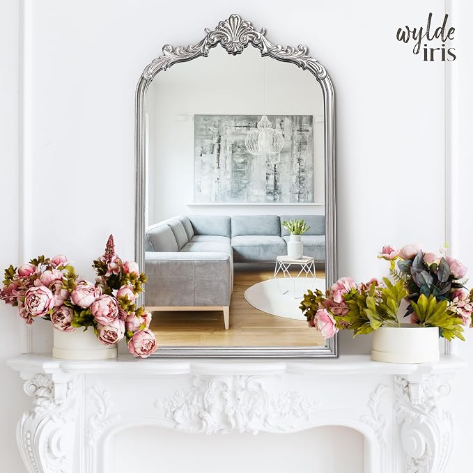 English Estate Carved Arch Wood Wall Mirror, Mirror for Entryway, Living Room, Bathroom, Antique Silver, 20.4x33