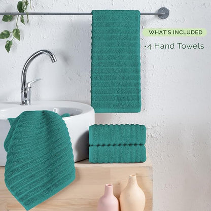 Elegant Comfort Luxury 100% Turkish Cotton Corduroy Ribbed 4 Pack Hand Towel Set 16 x 28 Inch - Absorbent, Super Soft, Quick Dry, Premium Towels for Bathroom, Gym, Spa and Hotel Use, Turquoise