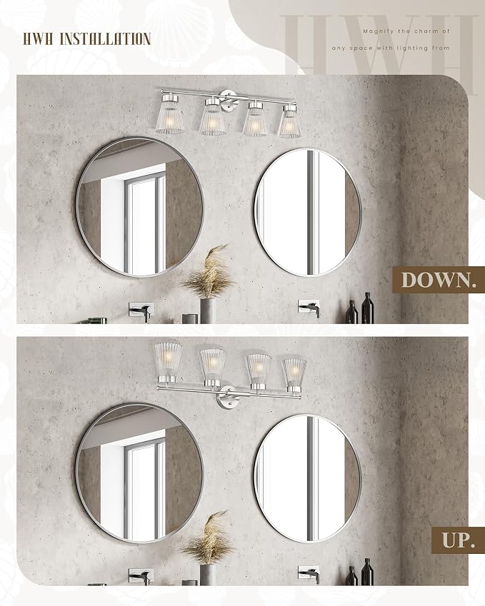 4-Light Bathroom Vanity Light Fixtures, HWH Brushed Nickel Bathroom Vanity Lighting Modern Vanity Light Over Mirror with Clear Striped Glass Shade, 5HZG97B-4W BN