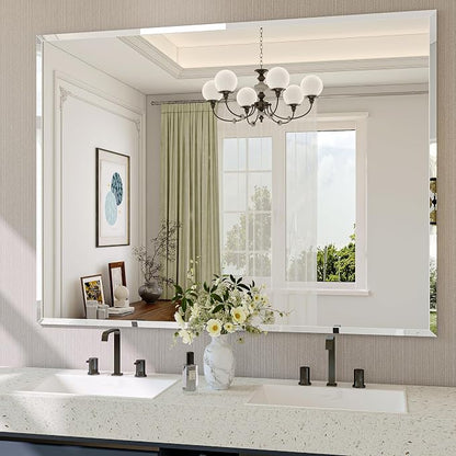 Frameless Bathroom Mirror, 48" x 36" Beveled Wall Mirror | 5mm HD glass, 20mm beveled edge, frameless, anti-rust, shatterproof, french cleat, horizontally or vertically