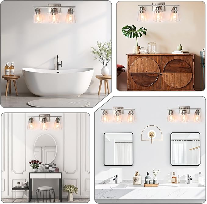hykolity 3-Light Vanity Light Fixture, 5-Piece All-in-One Bathroom Set with Towel Bar, Ring, Robe Hook & Toilet Paper Holder for Bathroom Mirror Lighting, Brushed Nickel Wall Light with Glass Shade