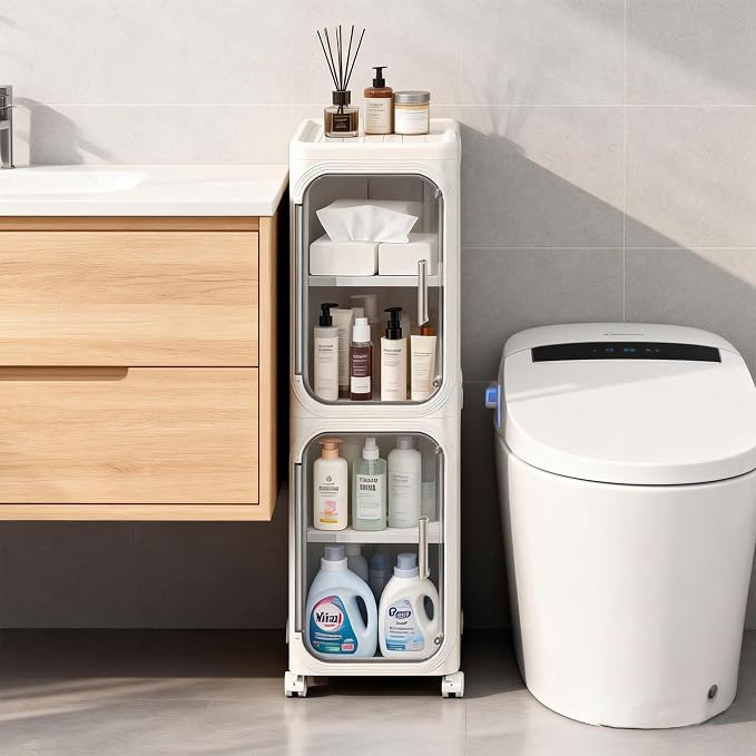 2-Tier Narrow Storage Cabinet Slim Bathroom Skinny Organizer with Wheels | Slim Storage Cabinet with Lockable Rolling Wheels Adjustable Detachable Shelves Snap Assembly for Small Spaces,Snow White