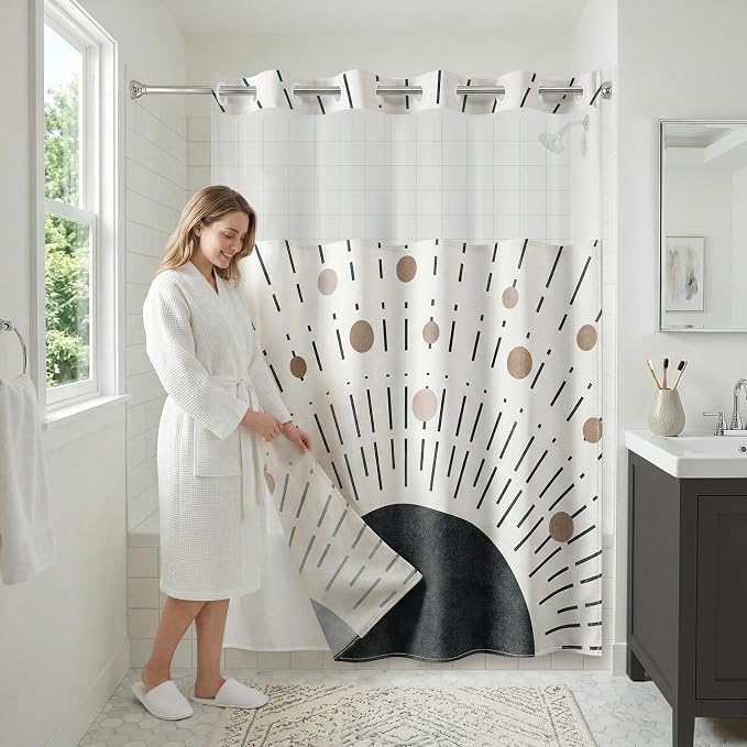 Americanflat 72x75 Hookless Shower Curtain - Water-Resistant Modern Boho Shower Curtain with Sheer Panel, Snap-in Liner, and Grommets - 100% Polyester - Black, Bronze, and White