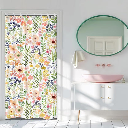 Small Stall Green Yellow Floral Narrow Colorful Bathroom Shower Curtain Set | 36"W x 72"H Flower Spring; waterproof HD print, quick-dry fabric with 12 hooks for easy hanging.