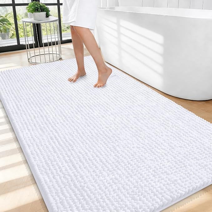 OLANLY Thick Chenille Large Bathroom Rugs 44x32, Absorbent Bath Mat, White | Soft Bath Rugs, Rubber Backing, Machine Wash Dry, Bath Mats for Bathroom, Tub and Shower, Home Decor Accessories