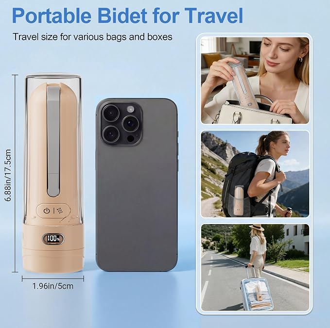 Electric Portable Bidet Toilet Aids Wiper Tool Set, Orange | 2-in-1 travel hygiene kit 15.7" extended length wiping tools 1600mAh Long-lasting Battery USB-C Rechargable IPX7 Waterproof