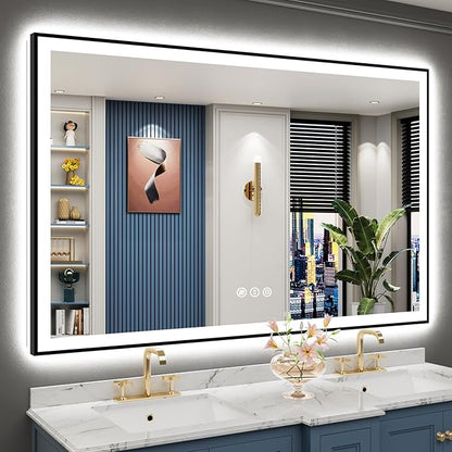 60x40 Black Framed LED Bathroom Mirror with Lights, Backlit and Front Lit Anti-Fog Lighted Vanity Mirrors for Bathroom Wall, Dimmable, 3 Colors, Memory, HD Tempered Glass, Horizontal/Vertical