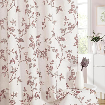 MitoVilla Pink Boho Shower Curtain Set, Cotton Floral Cottagecore Spring Shower Curtains for Bathroom, Modern Farmhouse Country Plant Leaves Bathroom Décor, 72" W x 72" L