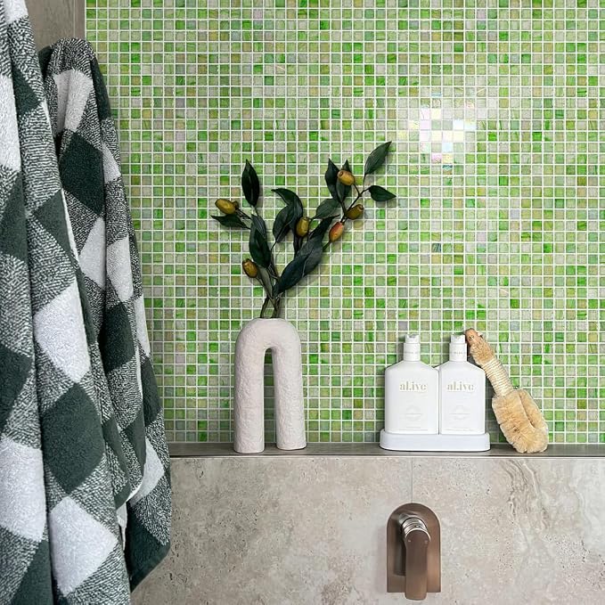 5.75 Sq.Ft Iridescent Green Glass Mosaic Tile for Bathroom, Backsplash | Waterproof Wall & Floor Tile. Heat & frost resistant outdoors, Swimming Pool, Fireplace, Restaurants, Hotels, Laundry, 10pcs.