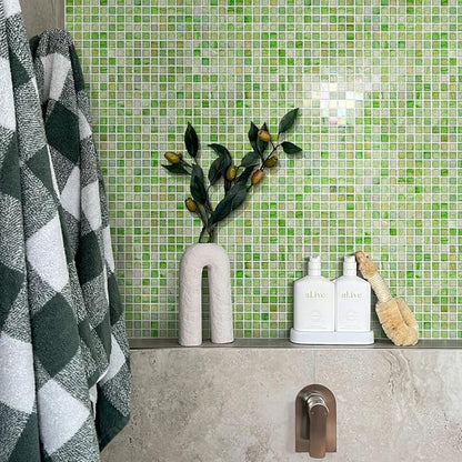 5.75 Sq.Ft Iridescent Green Glass Mosaic Tile for Bathroom, Backsplash | Waterproof Wall & Floor Tile. Heat & frost resistant outdoors, Swimming Pool, Fireplace, Restaurants, Hotels, Laundry, 10pcs.