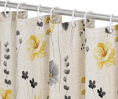 Yellow Linen Watercolor Floral Fabric Shower Curtain, 72x72 | Linen Fabric, Modern Minimalist Floral Print, Machine Washable, Rustproof Grommets, for Bathroom Home