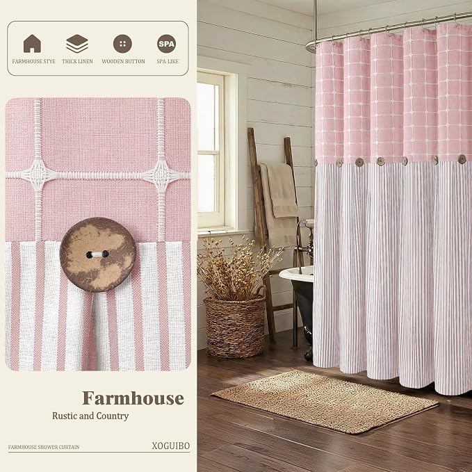 Farmhouse Shower Curtain Button Plaid-Pink-Pink Stripe 72"W x 72"L | Farmhouse Style, Chic Button, Striped, Linen Fabric, Rustic, Country, Natural Look, Washable, for Bathroom Bathtub