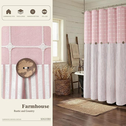 Farmhouse Shower Curtain Button Plaid-Pink-Pink Stripe 72"W x 72"L | Farmhouse Style, Chic Button, Striped, Linen Fabric, Rustic, Country, Natural Look, Washable, for Bathroom Bathtub