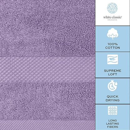 White Classic Luxury Bath Towel Set of 8 Pieces - 100% Turkish Cotton Highly Absorbent Towels for Bathroom, 2 Luxury Bath Towels 700GSM, 2 Hand Towels, 4 Washcloths, Lavender