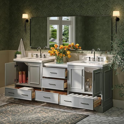 ARIEL Stafford 84-inch Bathroom Vanity with Sink,Solid Wood, 1.5in Pure White Quartz Countertop & Backsplash, Double Rectangular Porcelain Sink, 4 Soft Closing Doors, 5 Dovetail Drawers, Grey