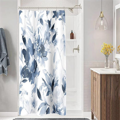 Small Stall Shower Curtain 36x72 Inch Half Narrow Watercolor Floral Decor | Navy Blue Modern Abstract Flower Dorm Bathroom Shower Curtain Set with Hooks