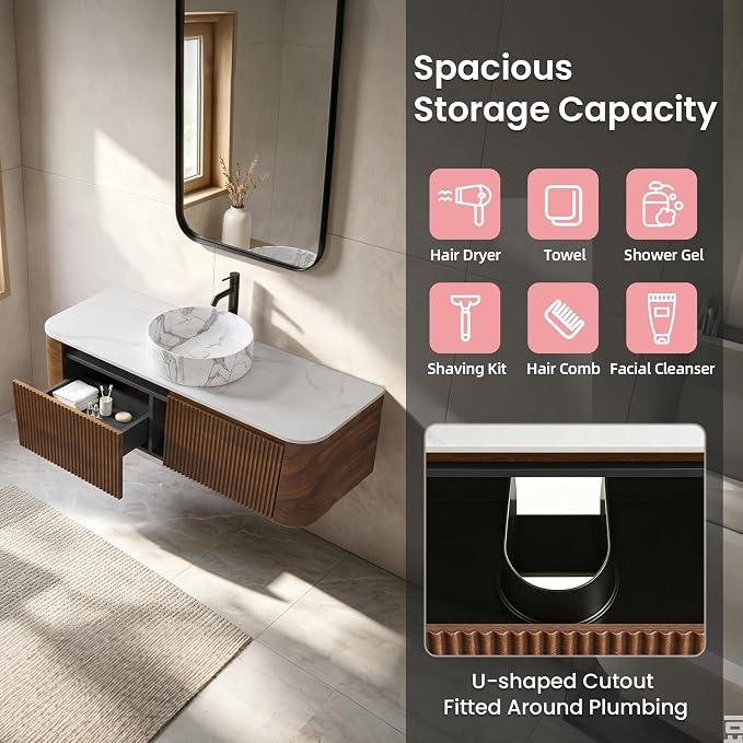 48" Floating Bathroom Vanity with Carrara Finish Sink, Walnut | Pre-Assembled Fluted Wall Mounted Vanity with Ceramic Vessel Sink, Rounded Edges, Soft-Close Drawer & Towel Rack