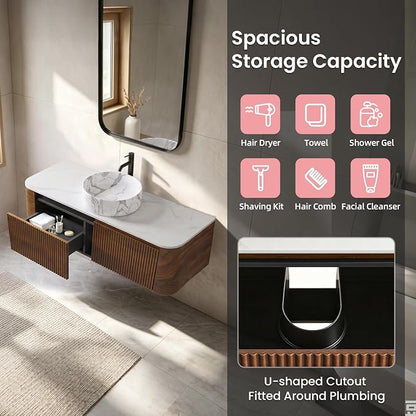 48" Floating Bathroom Vanity with White Vessel Sink, Walnut | Pre-Assembled Fluted Wall Mounted Vanity with Ceramic Sink and Countertop, Rounded Edges, Soft-Close Drawer & Towel Rack