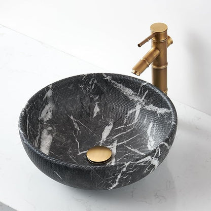 Vessel Sink Round 16 Inch Bathroom Sink, Counter Top Black+ White Marble Color Cloakroom Porcelain Ceramic Vessel Vanity Sinks Art Basin for Bathroom