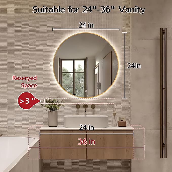 Niccy Round LED Bathroom Mirrors, Gold Framed Backlit Vanity Mirror, 24" | LED Smart Circle Mirror with 3 Color Lighting, Anti-Fog Lighted, IP65 Waterproof, Wall Mounted Bathroom Vanity