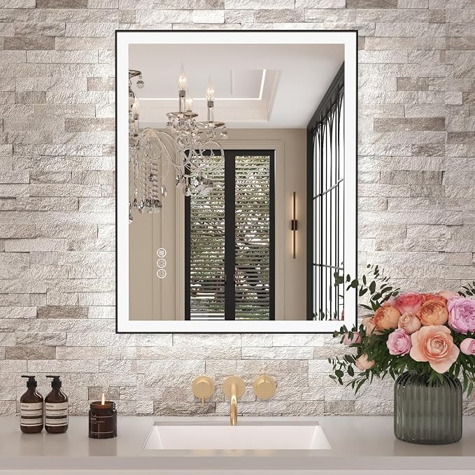 28"x36" LED Bathroom Mirror, Frontlit&Backlit, Controlled Separately | Black Metal Frame, Stepless Dimmable, Anti-Fog, HD Reflection, Shatter-Proof, 3 Colors Lighting, Memory, UL Listed