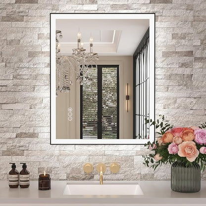 28"x36" LED Bathroom Mirror, Frontlit&Backlit, Controlled Separately | Black Metal Frame, Stepless Dimmable, Anti-Fog, HD Reflection, Shatter-Proof, 3 Colors Lighting, Memory, UL Listed