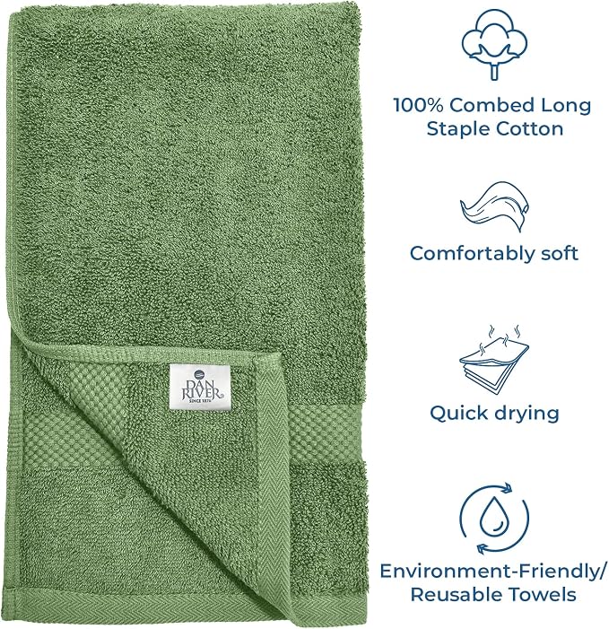 DAN RIVER Luxury Hand Towel – Soft, Absorbent, Quick-Drying, Premium Cotton Towel, Perfect for Everyday Use, 16x28 Inches - Sage Green