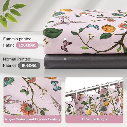 Pink Floral Bird Shower Curtain 72x72, Hummingbird and Lemon Botanical Fabric Bath Curtains, Lightweight Quick-Dry Bathroom Decor Set with Hooks