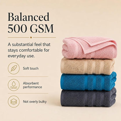 Velqora Bath Towels 4 Pack, 30x60 in, 100% Cotton, Soft, Multicolor | Pink, Gray, Beige & Blue Mix | Absorbent Terry | Balanced Weight | Easy Care