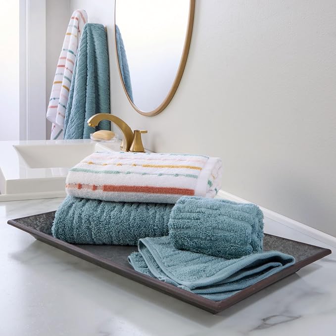 SKL Home CloudSoft/Modesto Stripe Bath Towel Set, 6-Piece, Teal/Multi | 2 Bath towels, 2 hand towels. 2 washcloths. 100% Cotton. 600 GSM. Soft & absorbent jacquard. Premium spa-level quality.