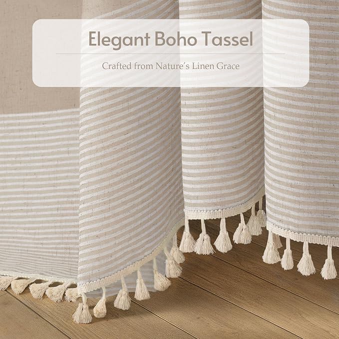 Beige Boho Linen Striped Shower Curtain with Tassel 72" W X 72" L | Boho Farmhouse Shower Curtains with Linen Texture for Bathroom Decor