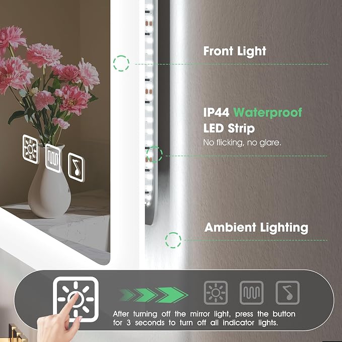 S'bagno 40"x28" LED Mirror for Bathroom, Bluetooth Speaker, Anti-Fog & Waterproof, Dimmable Wall Mirror with Touch Control, 3 Light Colors, Vertical or Horizontal, Ideal for Family Bathrooms