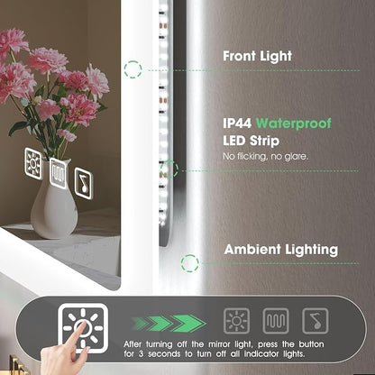 S'bagno 40"x28" LED Mirror for Bathroom, Bluetooth Speaker, Anti-Fog & Waterproof, Dimmable Wall Mirror with Touch Control, 3 Light Colors, Vertical or Horizontal, Ideal for Family Bathrooms