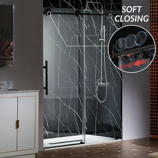 Woodbridge Frameless Sliding Shower Doors with Soft Close System, 57.5-60" Width x 76" Height with 3/8"(10mm) Clear Tempered Glass in Matte Black Finish, BSDC6076-BL