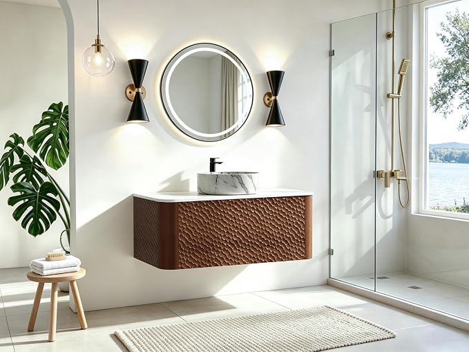36 Inch Modern Bathroom Vanity with Ceramic Sink, Floating Bathroom Vanity Cabinet with Sintered Stone Top&Solid Wood Hammered Frame, Single Sink Bathroom Vanities w/Soft-Close Drawers,Walnut