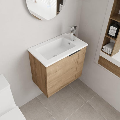 22 Inch Bathroom Vanity with Sink, 22" Wall Mounted Vanity Sink Combo for Small Space, Modern Bathroom Cabinet Set with Ceramic Basin Sink Top and Soft-Closing Door, Imitative Oak