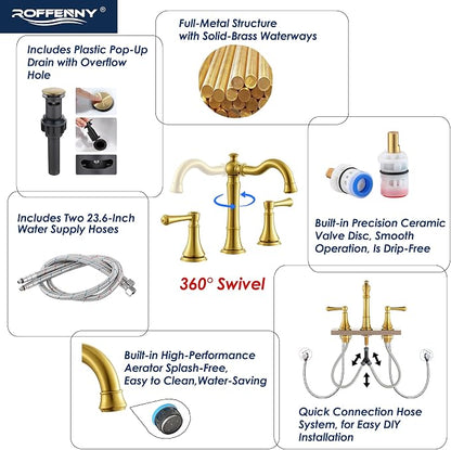Brushed Gold Bathroom Sink Faucet 8 Inch Widespread 3 Holes | Includes Plastic Pop-Up Drain & Two 23.6" Supply Lines, Classical 8 In Spread Lavatory Bath Vanity Sink Faucets, Brass Spout