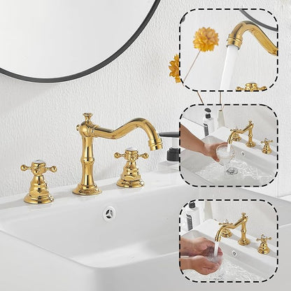 GGStudy 2 Handles 3 Holes Faucet Widespread Bathroom Sink Faucet Polished Gold Basin Tap Mixer Supply Hose Included Matching Metal Pop Up Drain