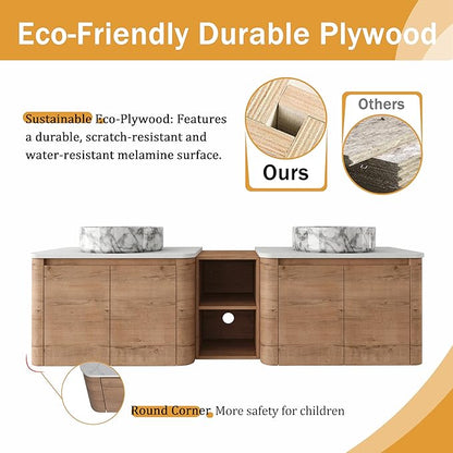 Malwee 72" Floating Bathroom Vanity with Sink, 72 Inch Wall Mounted Bathroom Cabinet Combo, Modern Double Sink Bath Storage Vanity Set, with 4 Soft Close Doors and Ceramic Vessel Basin Top(72-QQ
