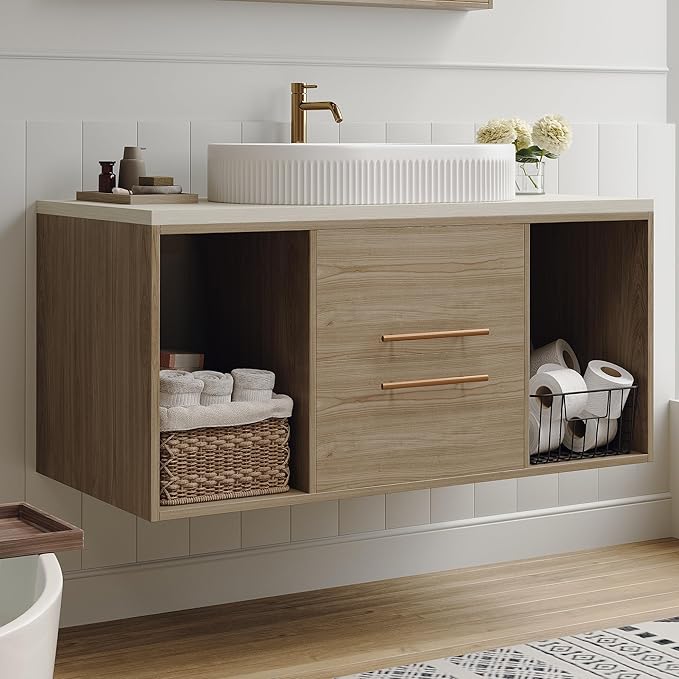40" Bathroom Vanity with Sink Set, Modern Oak Wall Mounted Bathroom Vanity Cabinet with Above Oval Ceramic Sink,Gold Handle 2 Drawers & 2 Open Storage, Single Sink Floating Bathroom Vanity