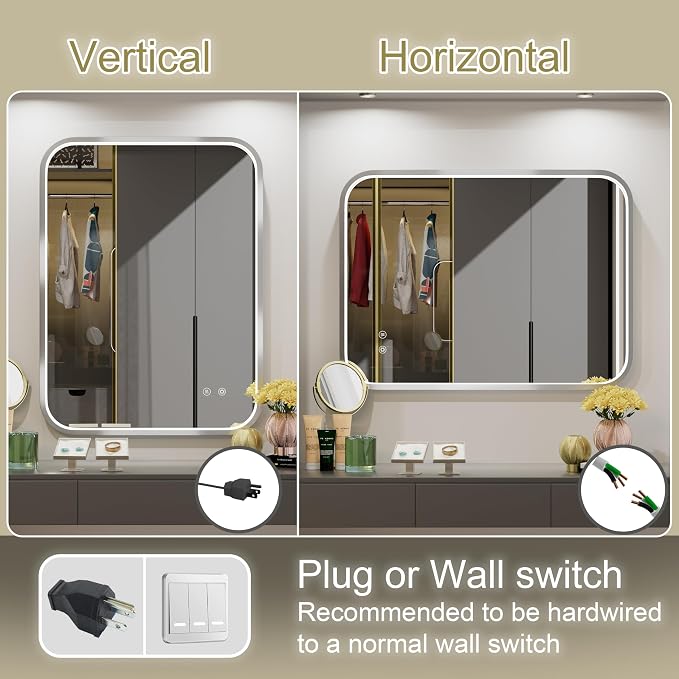 24"x32" Silver LED Bathroom Mirror,Adjust 3000K/4500K/6000K Light | Stepless Dimmable, Anti-Fog, Memory Funtion, Aluminum Frame Wall Mount Lighted Vanity Mirror, ETL Cert‌, Horizontal/Vertical