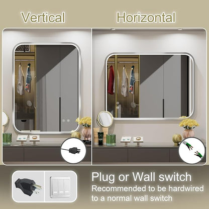 24"x32" Silver LED Bathroom Mirror,Adjust 3000K/4500K/6000K Light | Stepless Dimmable, Anti-Fog, Memory Funtion, Aluminum Frame Wall Mount Lighted Vanity Mirror, ETL Cert‌, Horizontal/Vertical