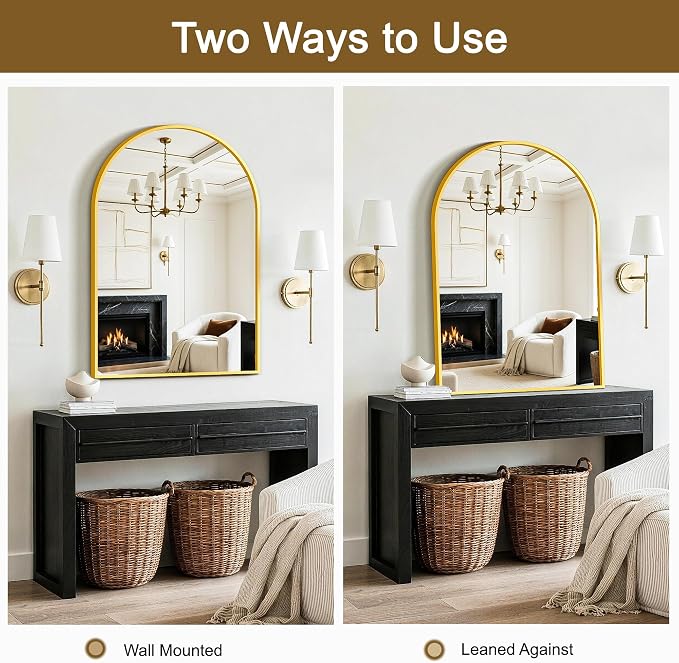 FGU Arched Bathroom Mirror for Over Sink 38"x26" Gold Vanity Mirror | Wall Mounted, HD Tempered Shatter-Proof Glass, Rust-proof Arched Metal Frame, Arch Mirror for Bedroom, Living Room, Entryway
