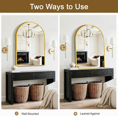 FGU Arched Bathroom Mirror for Over Sink 38"x26" Gold Vanity Mirror | Wall Mounted, HD Tempered Shatter-Proof Glass, Rust-proof Arched Metal Frame, Arch Mirror for Bedroom, Living Room, Entryway
